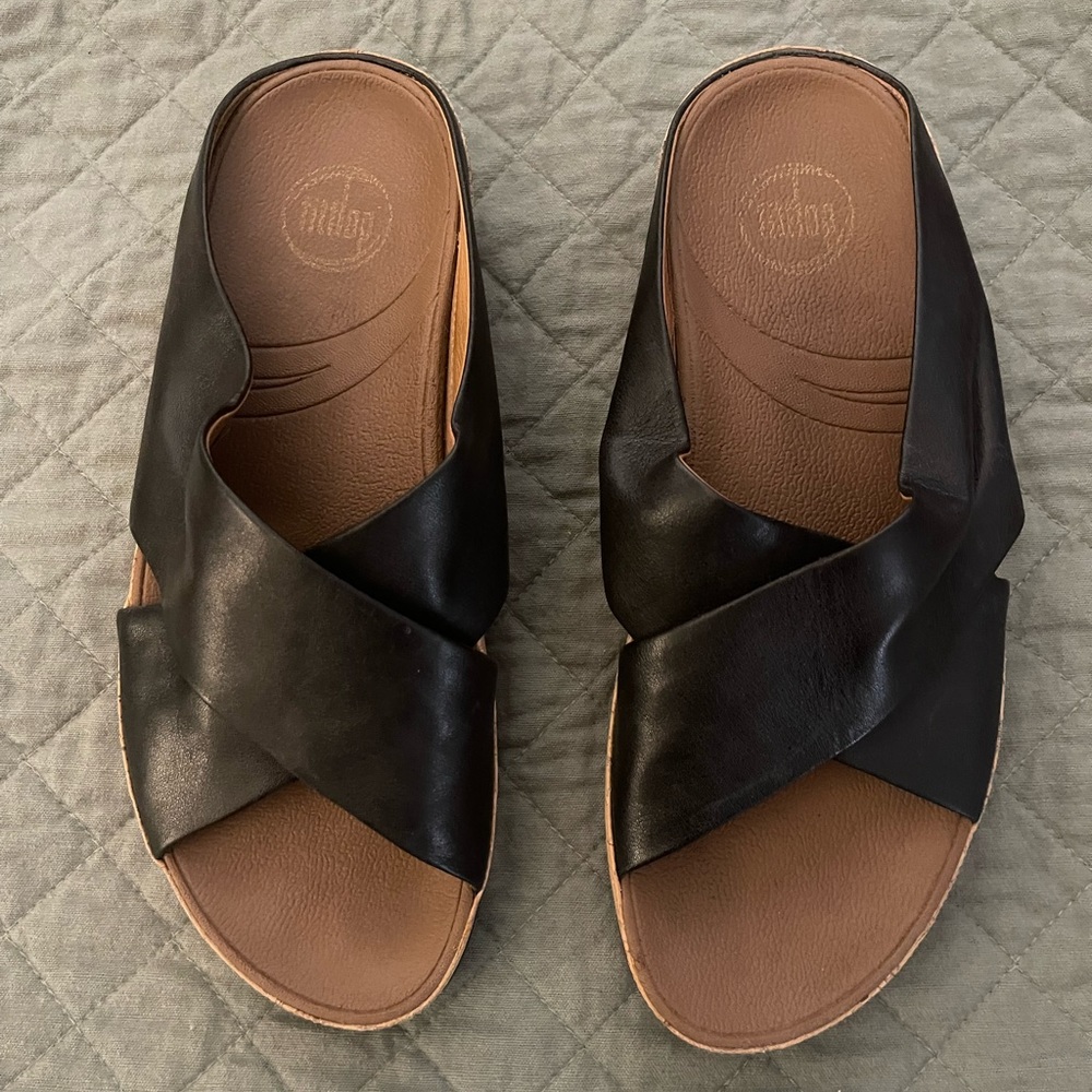 FitFlop Black Wedge Slide with Cork accent. Size 9.